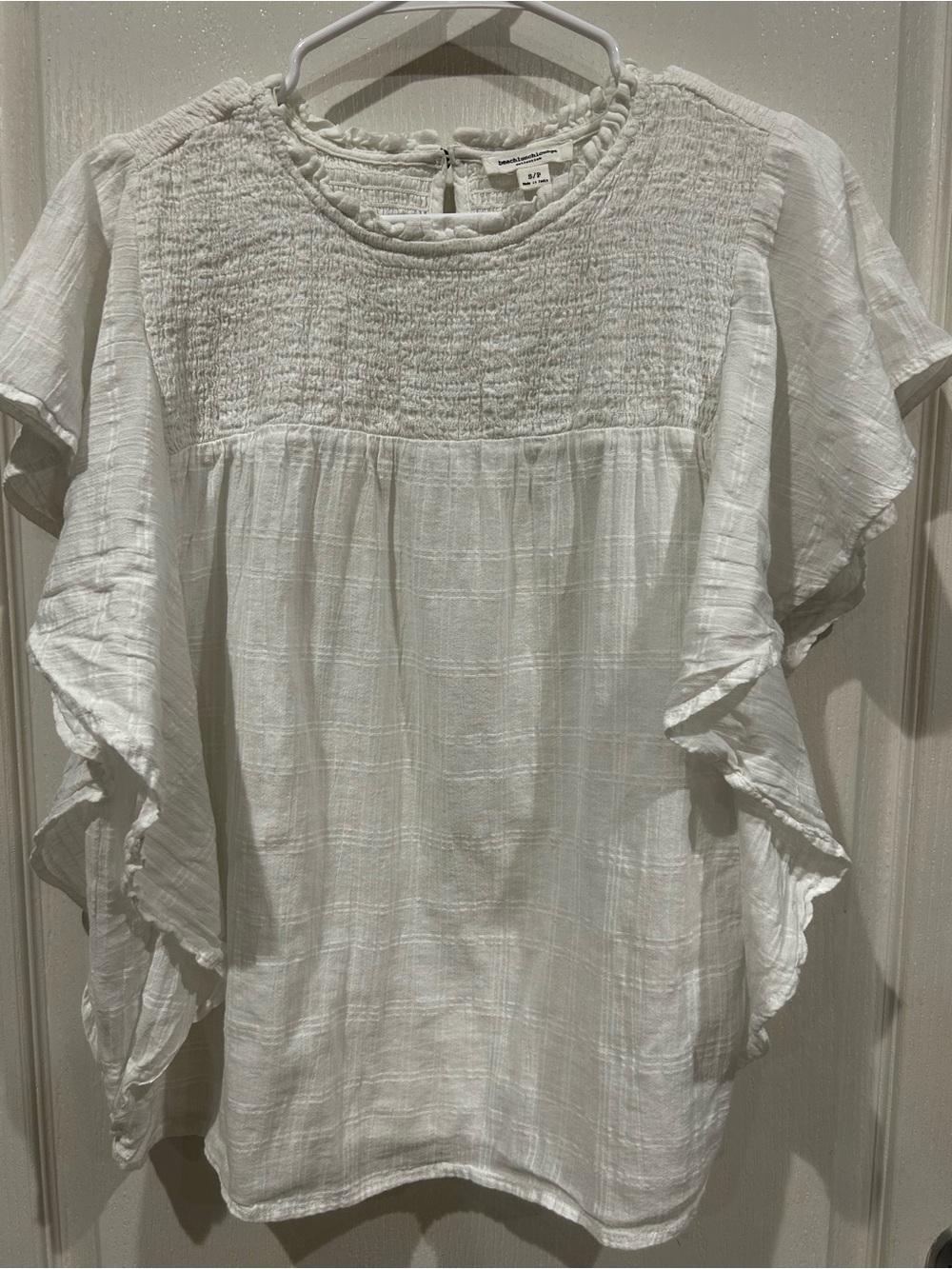 beachlunchlounge White Smocked Yoke Ruffle Sleeve Blouse
